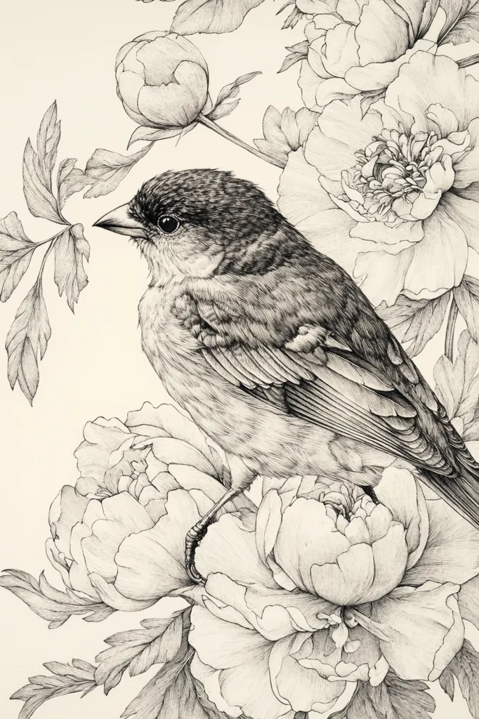 A detailed pen and ink drawing showcases a small bird perched delicately amidst a cluster of lush peonies. The bird, rendered with meticulous detail, shows its feathers and posture. The peonies, in full bloom, are equally intricate, their petals and leaves exhibiting fine lines and shading. The overall composition is a harmonious blend of nature's beauty, captured in a monochrome palette that enhances the artwork's elegance.