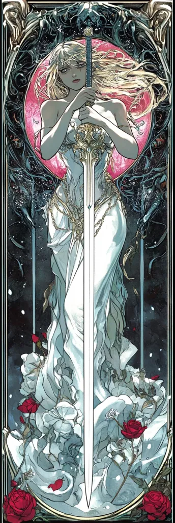 A blonde woman, elegantly dressed in a flowing white gown, stands gracefully holding a large, ornate sword.  The artwork is framed in an Art Nouveau style, with dark swirling details contrasting the light of her dress and the sword's blade.  Roses and other floral elements decorate the bottom, creating a romantic yet powerful visual.  The background features a dark, celestial backdrop.