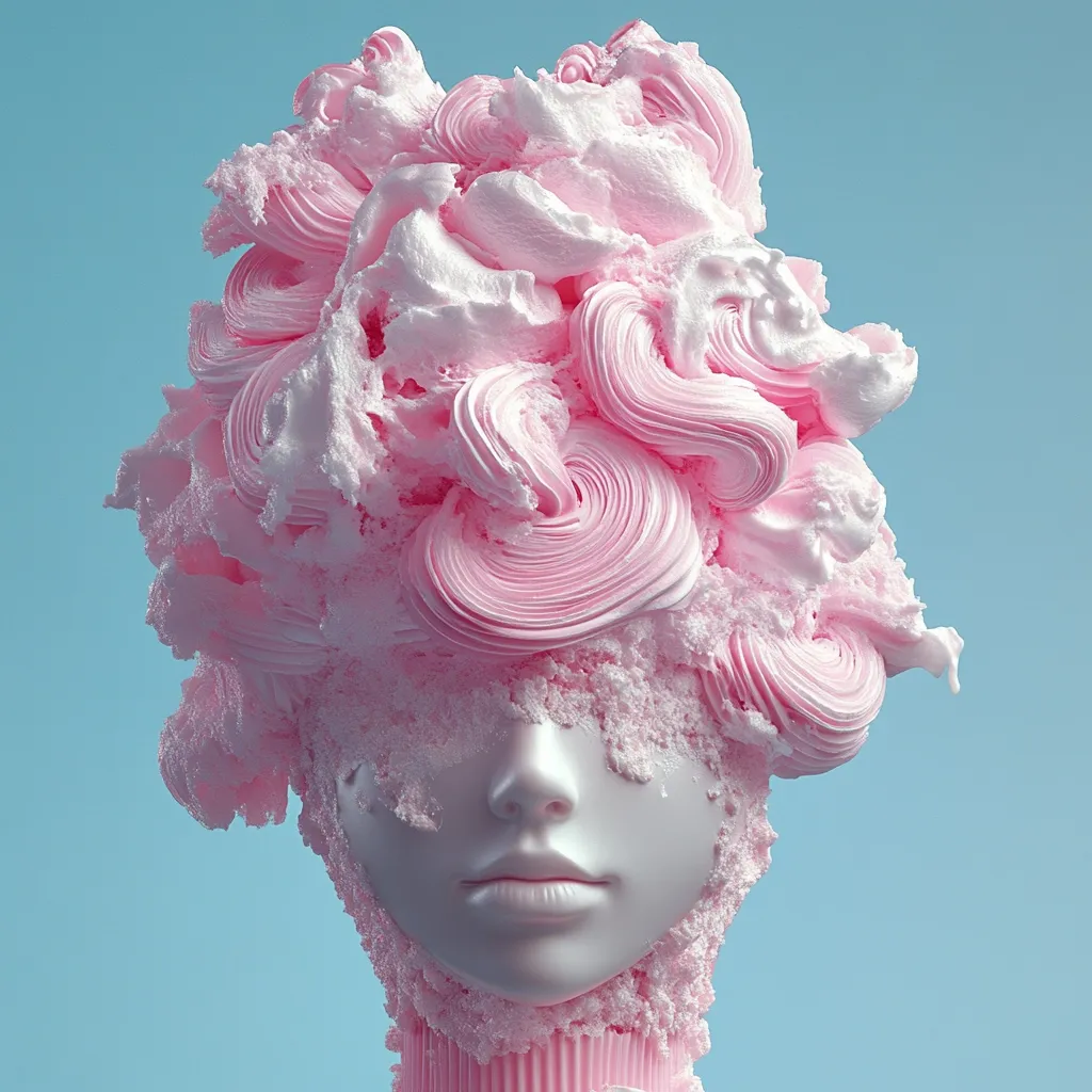 A surreal image depicts a sculpture of a face partially obscured by a voluminous, swirling mass of pink and white textured material, resembling whipped cream or meringue. The texture contrasts with the smooth, matte surface of the face. The pastel pink and blue color palette creates a dreamy and whimsical atmosphere. The overall effect is both captivating and slightly unsettling.
