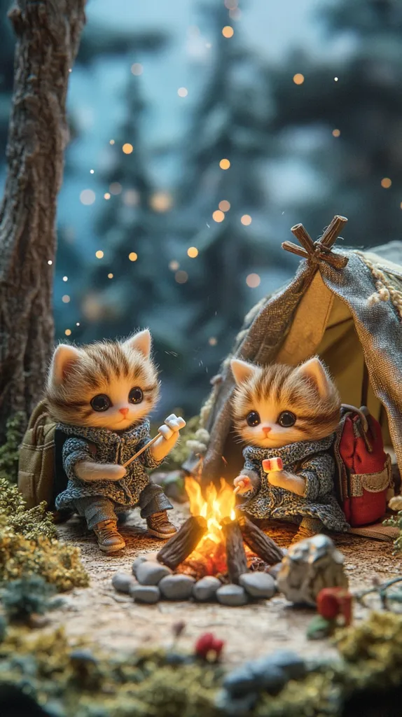 Two adorable kitten figurines, wearing tiny backpacks and blue sweaters, sit by a miniature campfire roasting marshmallows.  They are nestled in a whimsical forest scene, complete with a small tent and a bokeh effect suggesting a magical, nighttime setting.  The overall mood is heartwarming and enchanting.