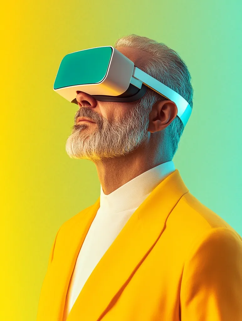 A stylish older man with gray hair and a beard wears a vibrant yellow blazer and a white turtleneck. He is immersed in a virtual reality experience, wearing a modern VR headset with a teal screen. The background is a gradient of yellow and green, creating a striking contrast with his attire. The image portrays a blend of modern technology and classic fashion.
