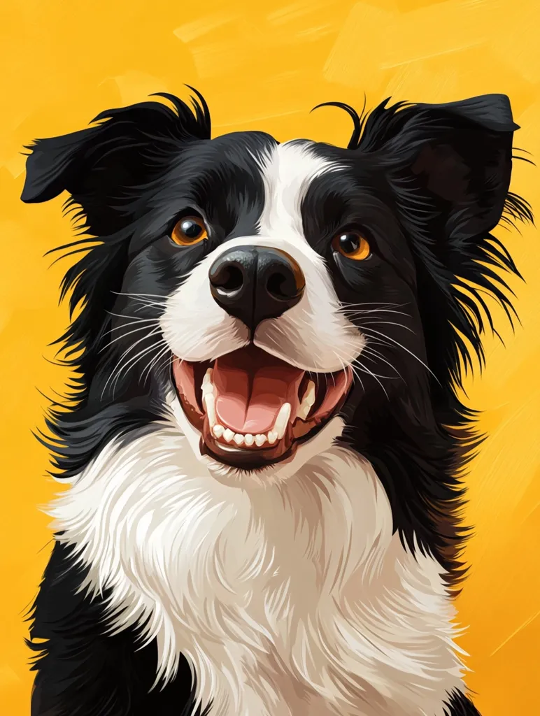 A vibrant illustration showcases a Border Collie, its black and white fur meticulously detailed.  The dog's expression is cheerful, its mouth open in a happy grin, revealing healthy teeth.  The bright yellow background complements the dog's coloring, creating a visually appealing and joyful image. The style is reminiscent of a stylized portrait, emphasizing the dog's expressive features.