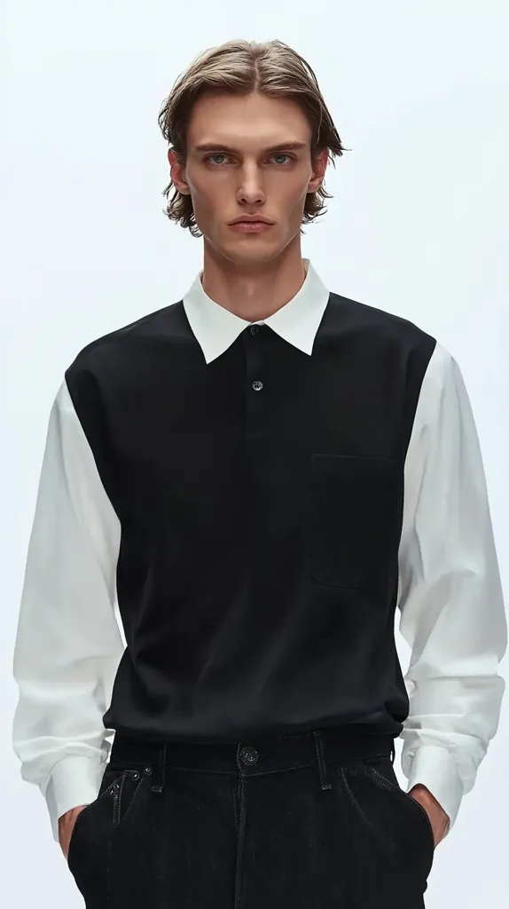 A young man models a black and white long-sleeved polo shirt.  The shirt features a black body and white long sleeves.  The collar is white, and the shirt has a simple, two-button placket. The model is wearing black pants and has light brown hair. The style is minimalist and chic.