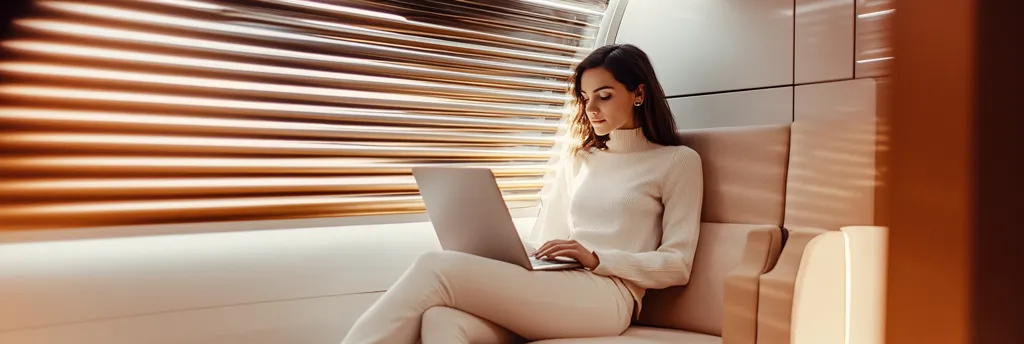 A woman sits in a luxurious, modern armchair, working on a laptop.  She's dressed in a cream-colored turtleneck sweater and pants.  Warm, natural light streams through copper-colored blinds in the background, illuminating the scene. The overall atmosphere is one of calm sophistication and comfort.