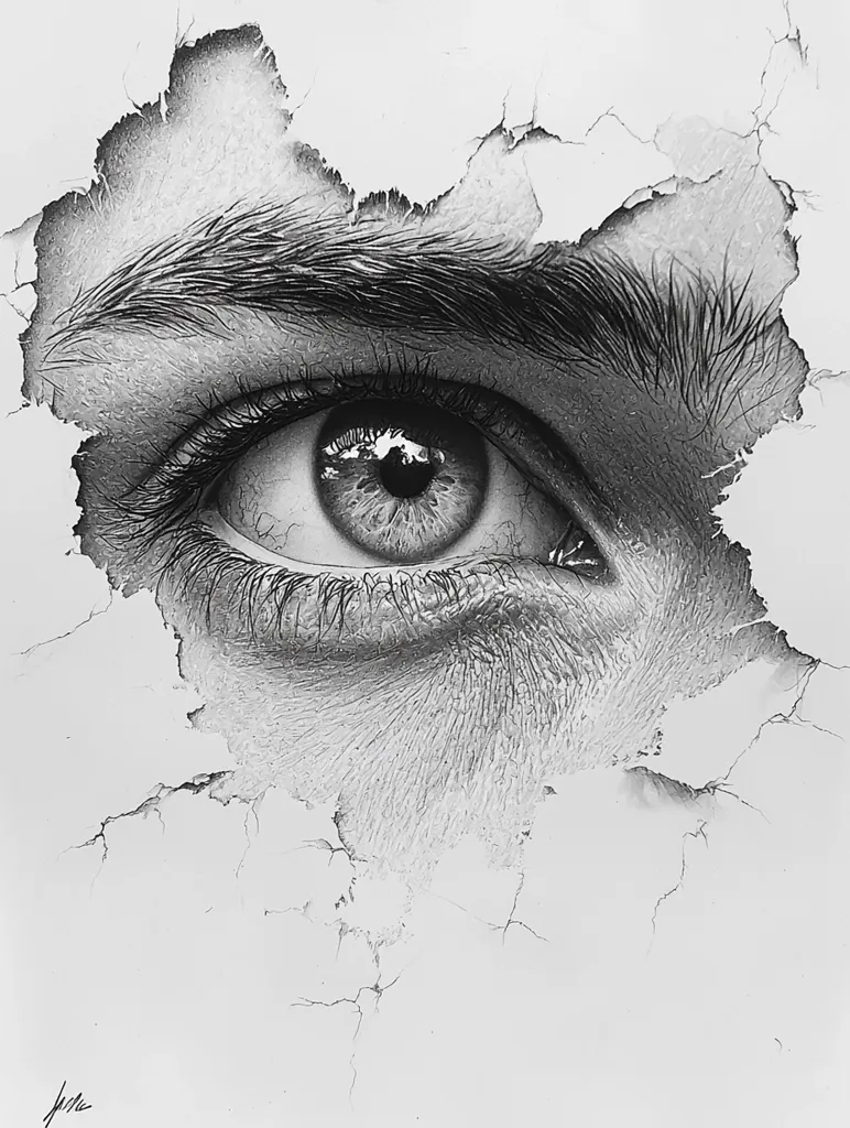 A hyperrealistic pencil drawing depicts a human eye peering through a cracked, textured surface.  The eye is meticulously detailed, showing individual lashes and the subtle texture of the skin. The cracked surface creates a dramatic contrast, suggesting a sense of vulnerability or breaking through a barrier. The grayscale palette enhances the realism and emotional impact. The artist's signature is subtly placed in the bottom left corner.