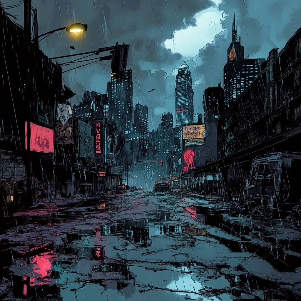 A rain-soaked city street scene at night.  The urban landscape is depicted in a dark, stylized art style, with tall buildings and neon signs reflecting in the puddles.  The street is mostly empty, with a few cars visible in the distance.  A heavy downpour creates a moody atmosphere, emphasizing the city's grim and somewhat desolate feel.  The overall impression is one of loneliness and urban decay.
