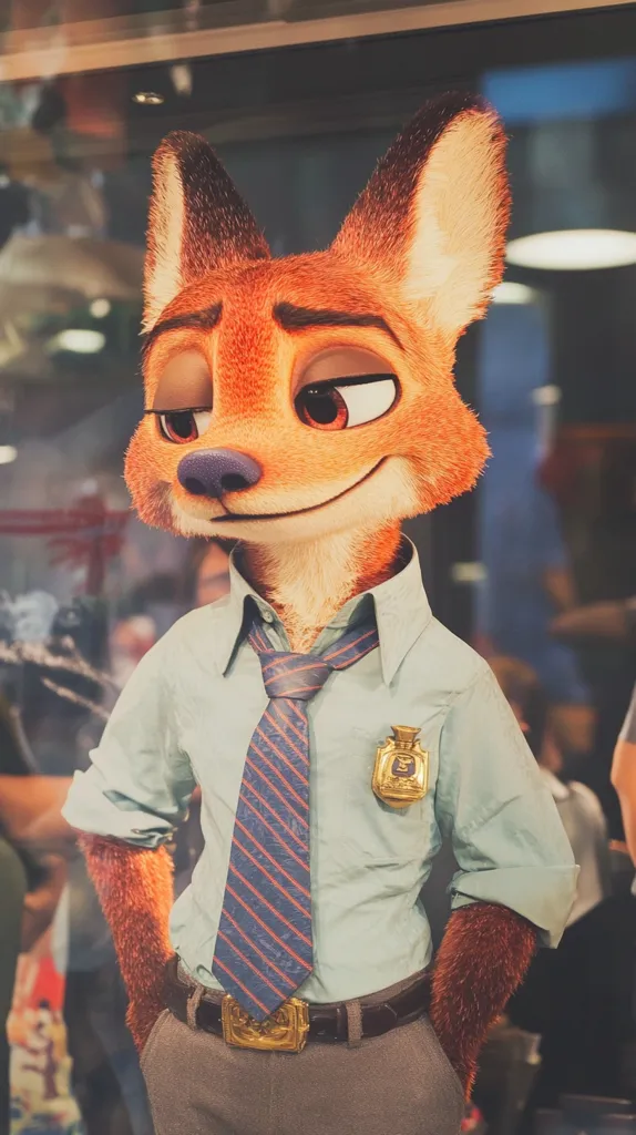 A detailed close-up shot of Nick Wilde, the sly fox from Zootopia, dressed in his police uniform.  He's depicted in a life-sized figure, possibly a display model, wearing a light green shirt, a dark blue and red striped tie, and a gold police badge.  His fur is meticulously rendered, and his expression is subtly smirking. The background is blurred, suggesting a public display setting.
