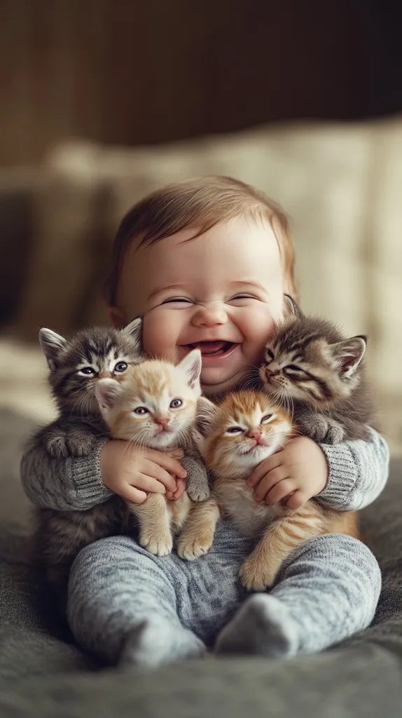 A smiling baby is joyfully embracing three adorable kittens.  The baby, dressed in soft grey clothing, is surrounded by the fluffy felines, one grey and two ginger.  The image is heartwarming, capturing a moment of pure innocence and affection between the child and the kittens. The scene is softly lit, enhancing the overall cozy and tender atmosphere.