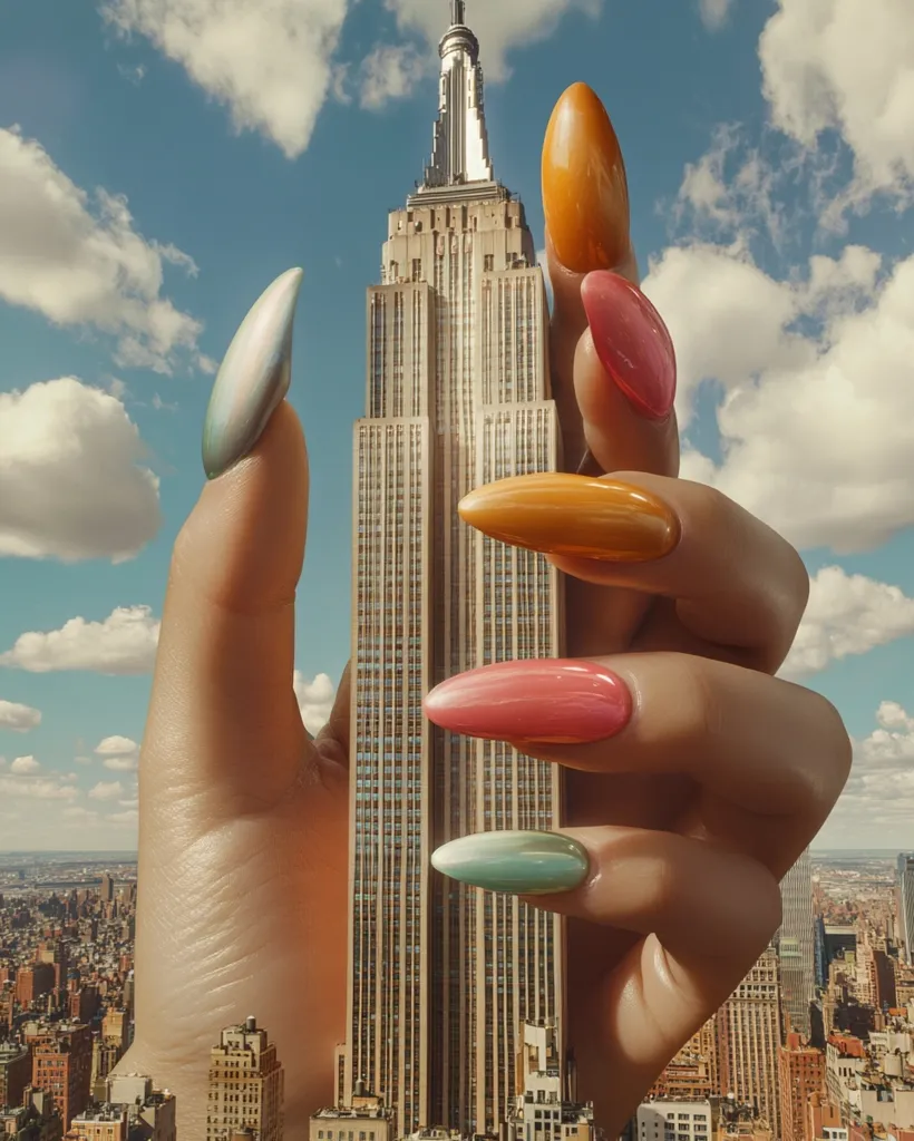 A giant hand, adorned with long, colorful nails in shades of orange, pink, and teal, holds the Empire State Building between its fingers.  The skyscraper appears miniature against the backdrop of a sprawling cityscape under a partly cloudy sky. The image is a surreal juxtaposition of scale, highlighting the contrasting sizes of the hand and the iconic building.