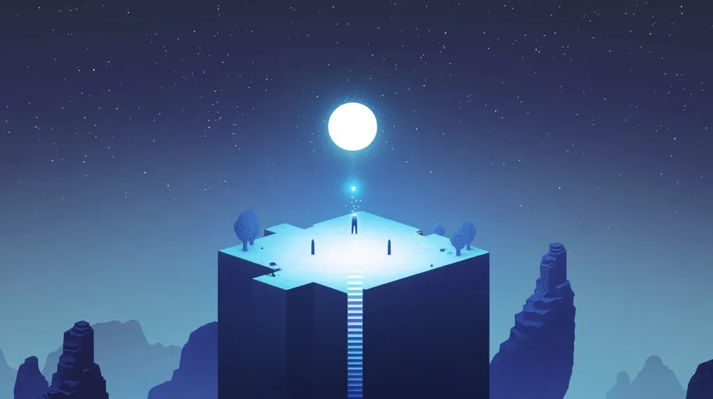 A lone figure stands on a floating, cube-shaped island under a bright moon.  Two small trees flank the figure, and a staircase descends from the island's platform into a dark void.  The island hovers above a mountainous landscape under a starry night sky. The scene is rendered in a low-poly, minimalist style with a cool blue color palette.  A glowing light emanates from above the figure, adding a mystical element to the surreal scene.