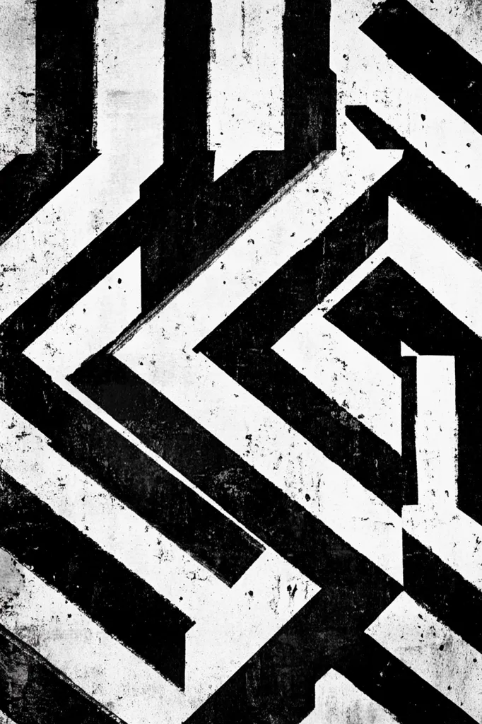 The image showcases a striking abstract design featuring bold black and white stripes.  The stripes intersect to create a complex, geometric pattern with a sense of depth and movement.  The texture appears gritty and slightly distressed, suggesting a painted or printed surface, possibly on concrete. The overall effect is a modern and visually captivating piece of graphic art.