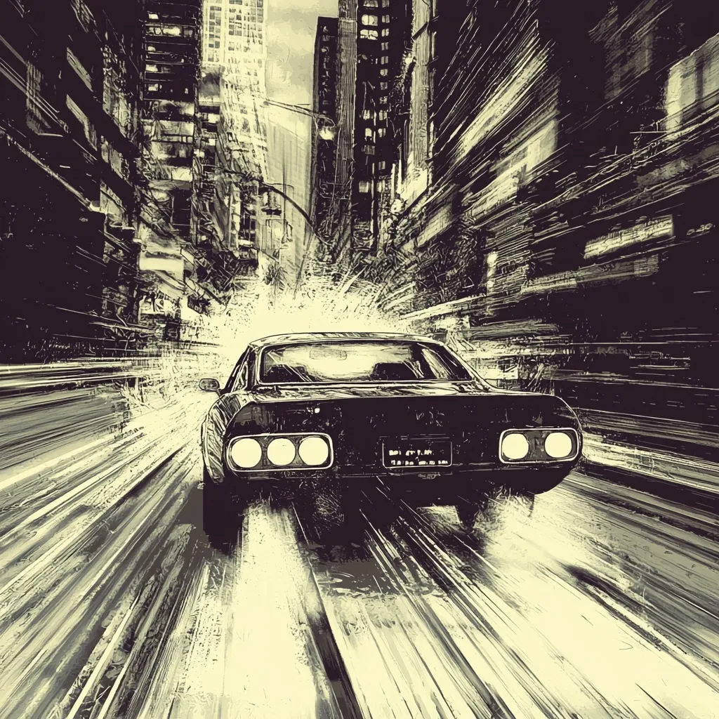 A stylized illustration depicts a classic muscle car speeding down a city street. The car is rendered in dark tones, contrasting with the light streaks suggesting motion blur.  Tall buildings line the street, their architectural details blurred by the speed and artistic style. The overall effect is dynamic and evokes a sense of energy and movement.  The image is rendered in a gritty, almost comic-book style.