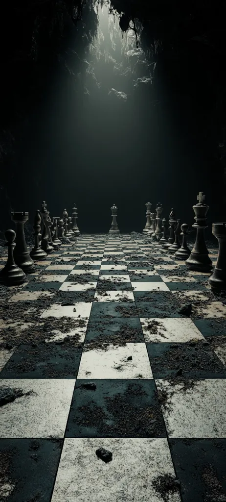 A large, dilapidated chessboard sits in a dark, cavernous space.  The chess pieces are arranged as if mid-game,  scattered across the dusty, dirt-covered squares.  A shaft of light illuminates the scene from above, highlighting the decay and emphasizing the solitary king piece in the center.  The overall atmosphere is one of age, neglect, and a sense of forgotten conflict.