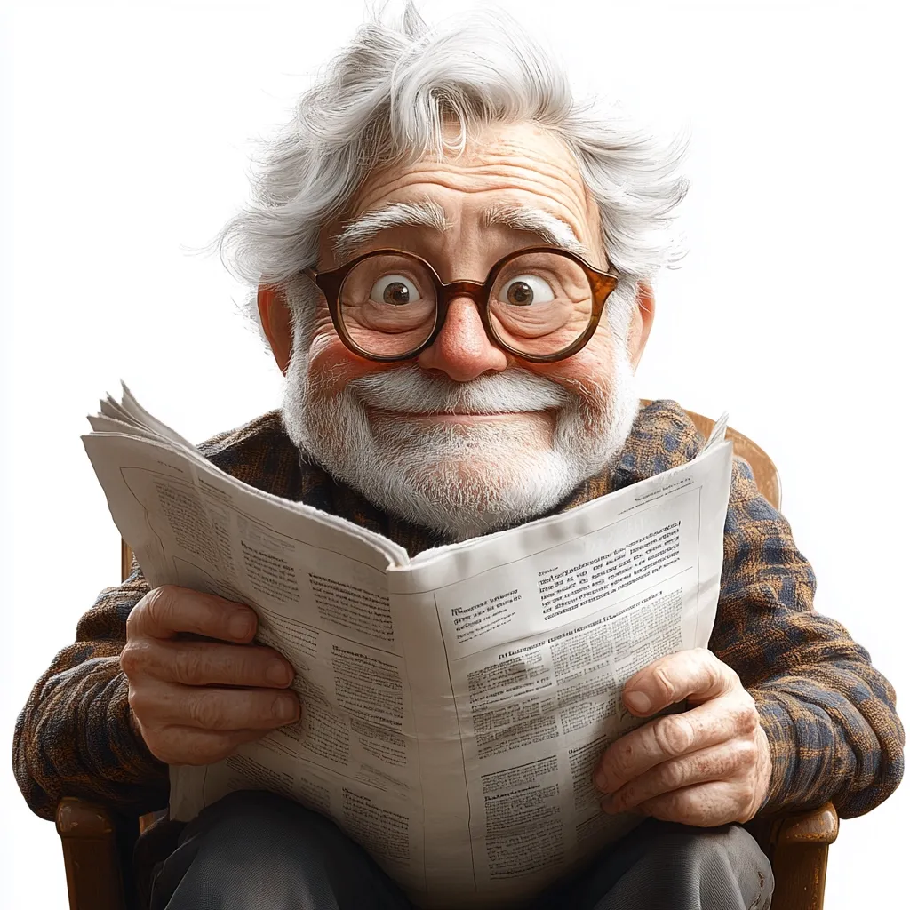 A jovial, elderly gentleman with thick, white hair and round glasses sits comfortably in a wooden chair.  He holds a newspaper, a pleased expression on his face, suggesting he is enjoying his reading.  His large, expressive eyes and cheerful smile add to his amiable character. The image is brightly lit, with a clean white background, focusing attention on the subject.