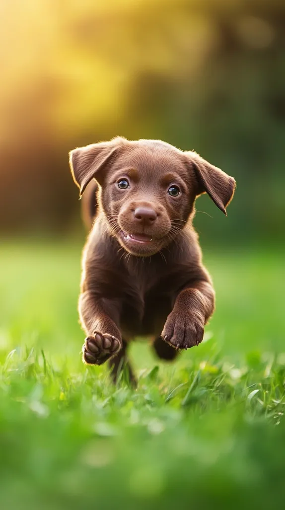 An adorable chocolate Labrador puppy joyfully bounds through a lush green field, its paws barely touching the grass.  The sun illuminates the puppy's fur, highlighting its endearing features.  Its happy expression and playful gait capture the essence of youthful energy and carefree joy. The background is softly blurred, focusing attention on the charming canine subject.