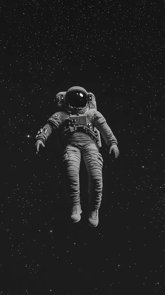 A grayscale image depicts an astronaut floating in the vast expanse of space.  The astronaut, in a bulky spacesuit, is centered against a backdrop of countless stars.  The scene evokes a sense of isolation and the immense scale of the cosmos. The astronaut's posture is relaxed, suggesting a peaceful drift amidst the stellar environment.