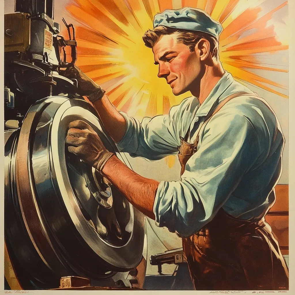A World War II-era propaganda poster depicts a focused, strong young man in overalls and a cap meticulously working on a large metal wheel with a machine.  His concentrated expression and the radiant sunburst behind him emphasize the importance of industrial production for the war effort. The image is rendered in a vibrant, realistic style, highlighting the worker's dedication and skill.