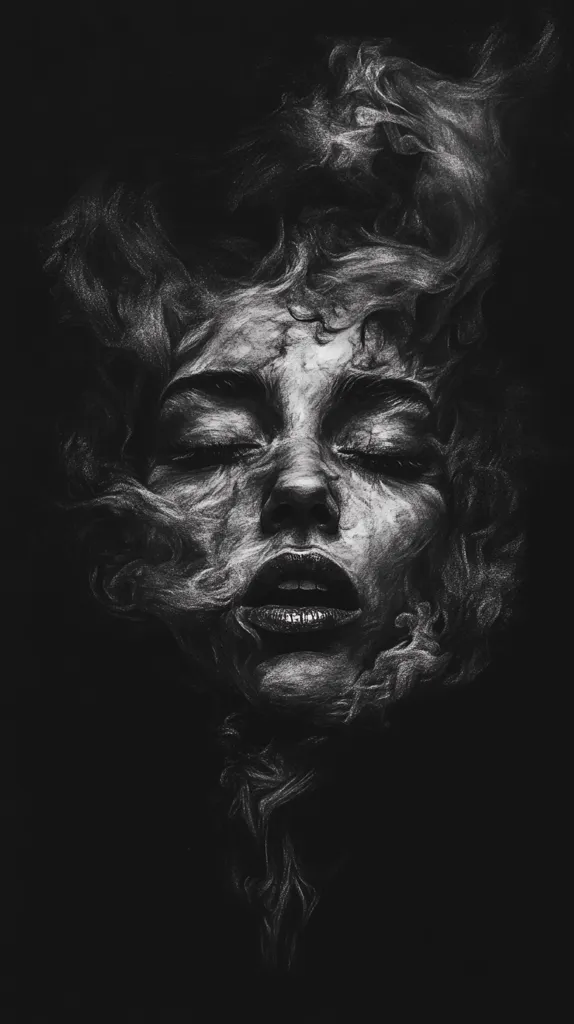 A monochromatic charcoal drawing depicts a woman's face obscured by swirling smoke-like forms.  Her eyes are closed, and her expression is serene despite the chaotic texture surrounding her. The contrast between the smooth skin and the textured smoke creates a dramatic effect, evoking feelings of mystery and ethereal beauty. The dark background enhances the overall mood.