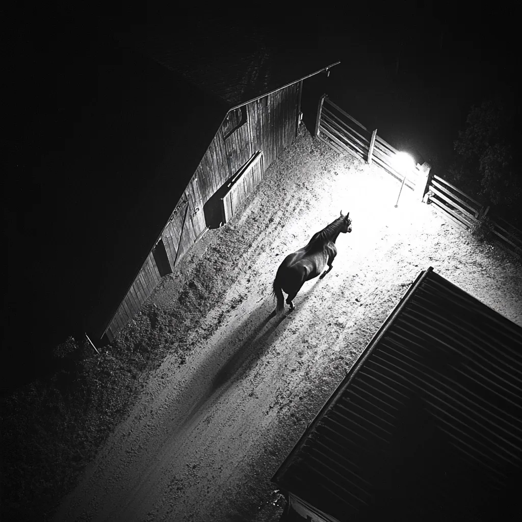 A high-angle, black and white shot depicts a lone horse standing in a dimly lit path at night.  The horse is positioned between a barn and another structure, with a light illuminating the scene from a lamppost.  The path is dusty, and the overall atmosphere is serene and slightly mysterious.  The contrast between light and dark emphasizes the horse's isolation.