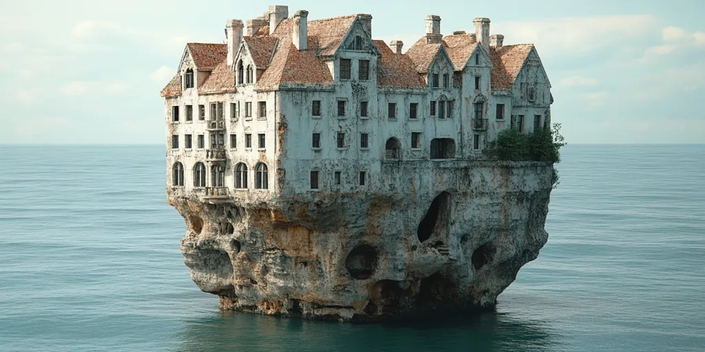 A weathered, multi-story mansion precariously sits atop a skull-shaped rock formation jutting out of a calm sea.  The building, appearing aged and possibly abandoned, boasts a classic architectural style with numerous windows and a tiled roof.  The rock itself is eroded, with visible holes and crevices, adding to the dramatic and somewhat eerie scene. The ocean stretches to a pale horizon under a serene sky.