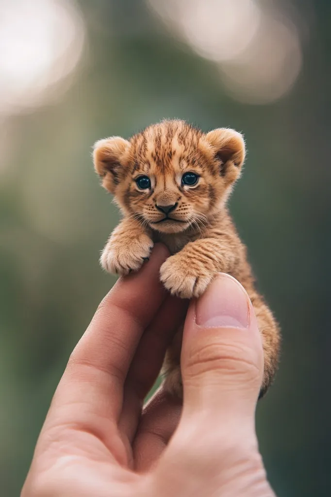 A tiny lion cub, with large, expressive blue eyes and soft, light brown fur, is gently cradled in a human hand.  The cub's paws are neatly tucked in, and its expression is both curious and vulnerable. The blurred background suggests a natural, outdoor setting. The image evokes feelings of tenderness and the fragility of wildlife.