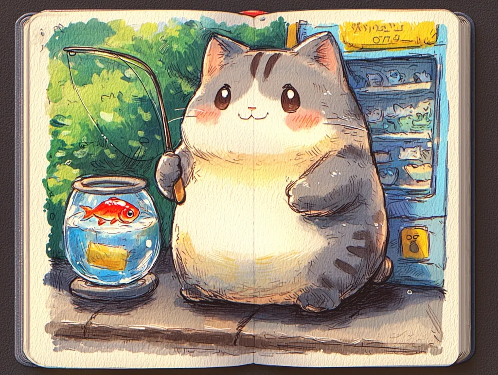 An illustration shows a chubby grey and white cat holding a fishing rod next to a fishbowl containing a goldfish.  The cat is positioned beside a vending machine, set against a backdrop of lush green foliage. The style is whimsical and cartoonish, with soft watercolors and detailed linework. The overall scene is charming and evokes a peaceful, slightly surreal atmosphere.