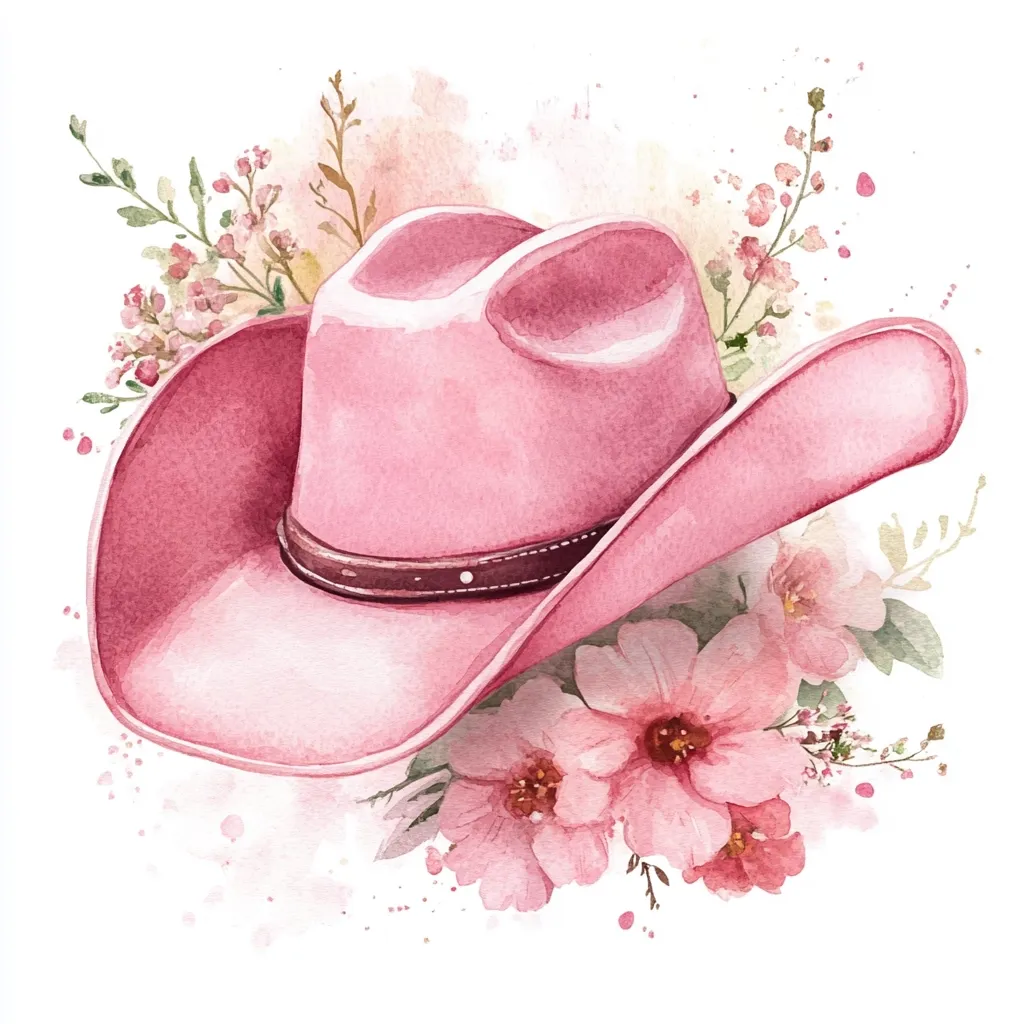 A watercolor painting depicts a pink cowboy hat adorned with delicate pink flowers and greenery.  The hat is centrally positioned, its soft pink hue contrasting beautifully with the vibrant blossoms. The overall style is feminine and romantic, suggesting a whimsical or western-themed aesthetic.  Watercolor splatters add texture and softness to the background.