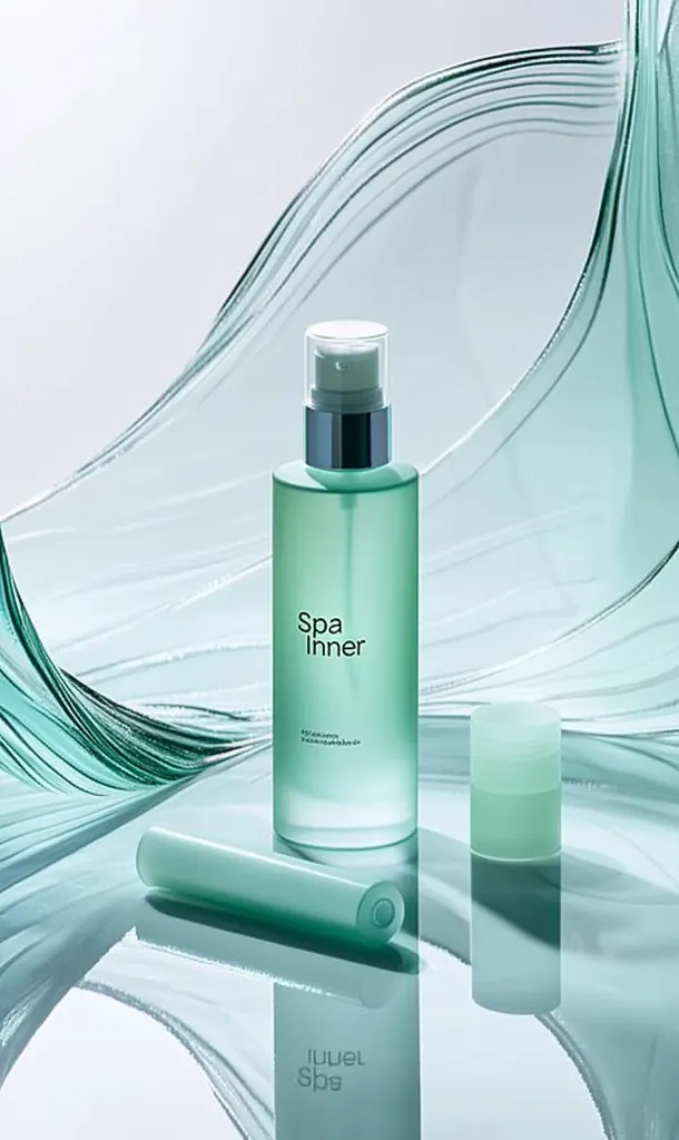 A minimalist product shot showcases Spa Inner hydrating facial mist.  The bottle, a pale teal, features a pump dispenser and simple, elegant lettering.  Accompanying smaller containers suggest a skincare set.  The background is a flowing, translucent teal fabric, creating a serene and luxurious atmosphere.  The overall aesthetic is clean, modern, and evokes a spa-like experience.