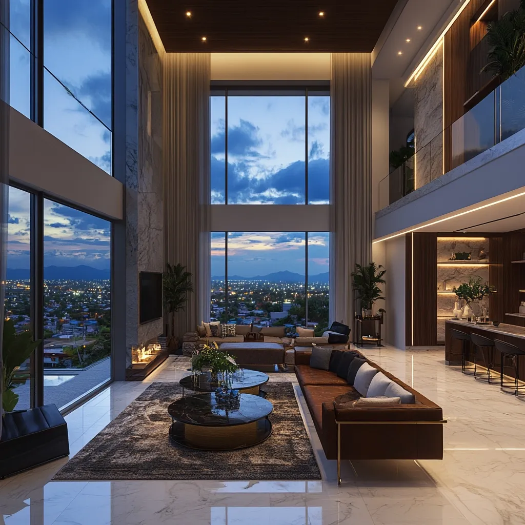 A luxurious, double-story living room boasts floor-to-ceiling windows offering panoramic city and mountain views at dusk.  The space features a sleek, modern design with marble floors, a dark brown leather sectional sofa, and two elegant coffee tables.  Warm lighting complements the dark wood accents and creates a sophisticated ambiance.  The upper level includes a glass-railed balcony and a stylish bar area.