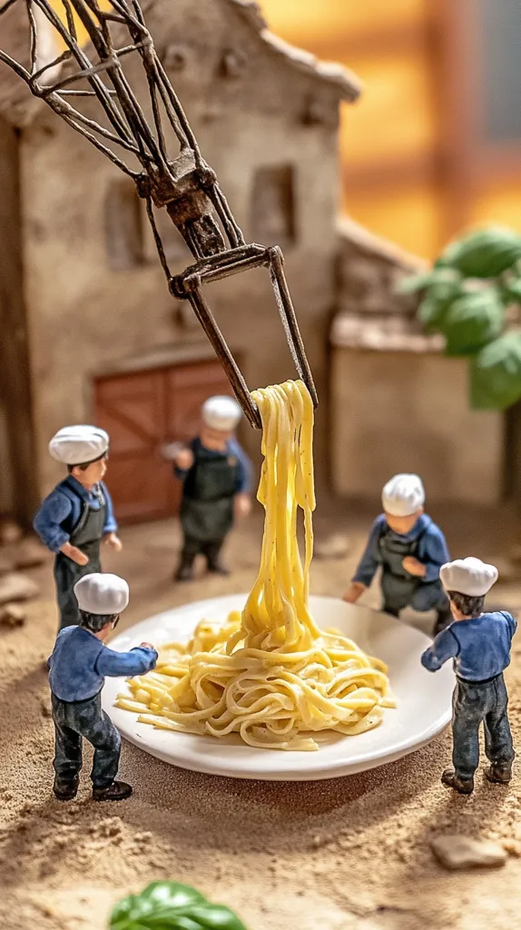 A miniature scene depicts tiny chef figurines surrounding a large plate of creamy pasta.  A miniature crane delicately lowers the pasta onto the plate. The chefs, wearing blue overalls and white chef hats, appear to be observing the process with anticipation. The setting is a rustic, miniature village backdrop. The image is playful and whimsical, highlighting the contrast between the large pasta and the tiny figures.