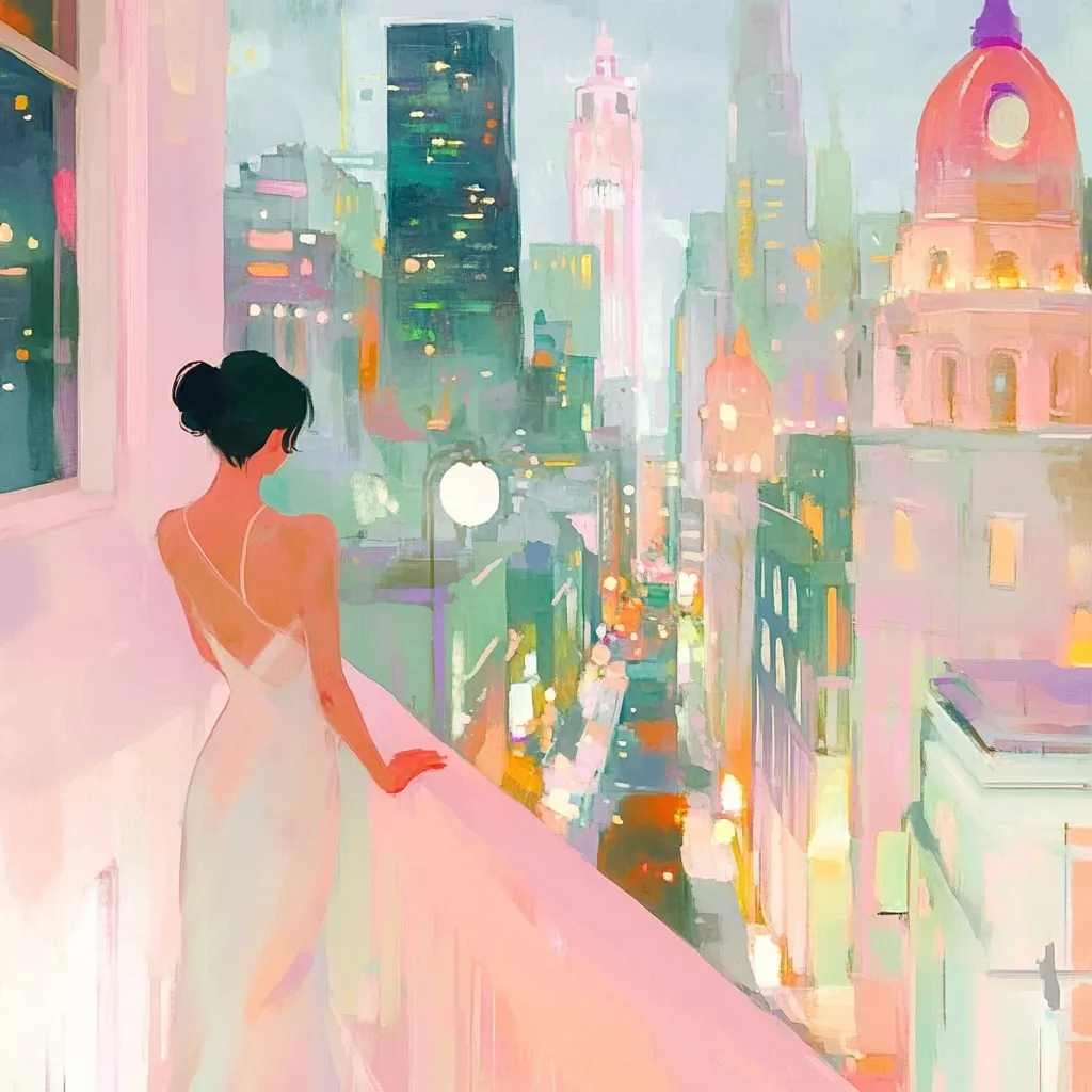 A woman in a flowing white dress stands on a balcony, gazing at a vibrant cityscape.  The city is depicted in soft, pastel hues, with tall buildings and glowing lights creating a dreamy atmosphere.  The style is painterly and impressionistic, emphasizing mood and feeling over sharp detail. The overall impression is one of quiet contemplation and urban beauty.