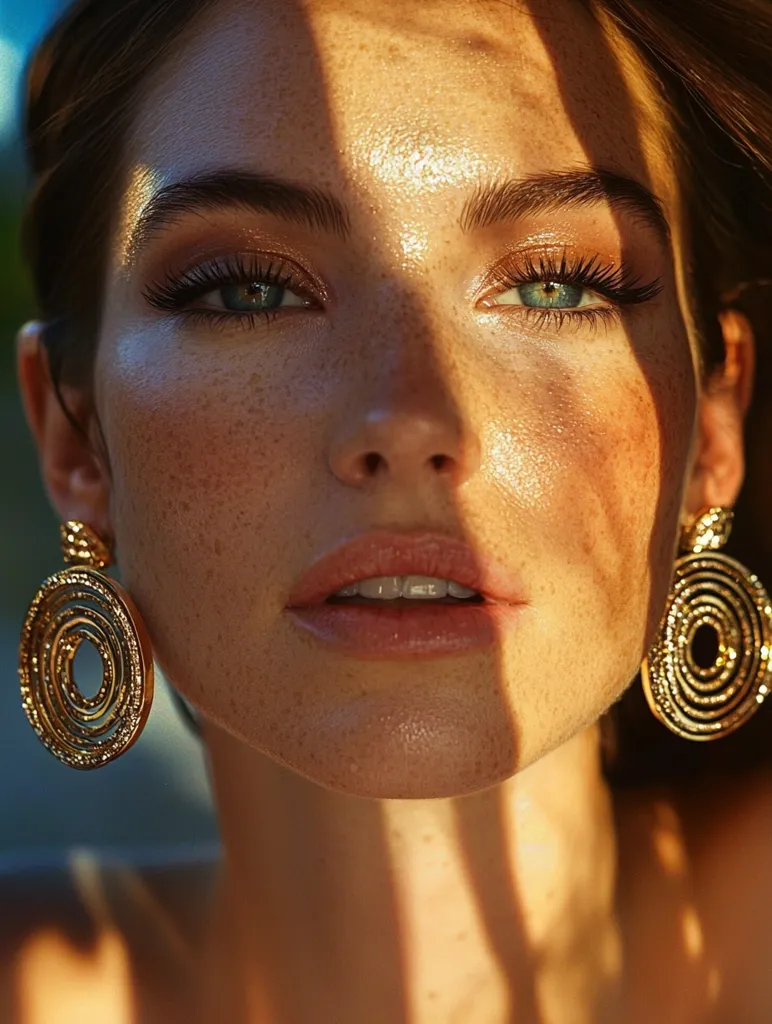 Close-up portrait of a woman with sun-kissed skin and freckles.  She has light brown hair, striking blue eyes with subtle makeup, and is wearing large, gold circular earrings.  A shadow falls across her face, highlighting her features.  The overall mood is warm and radiant, suggesting a summery or golden-hour setting.