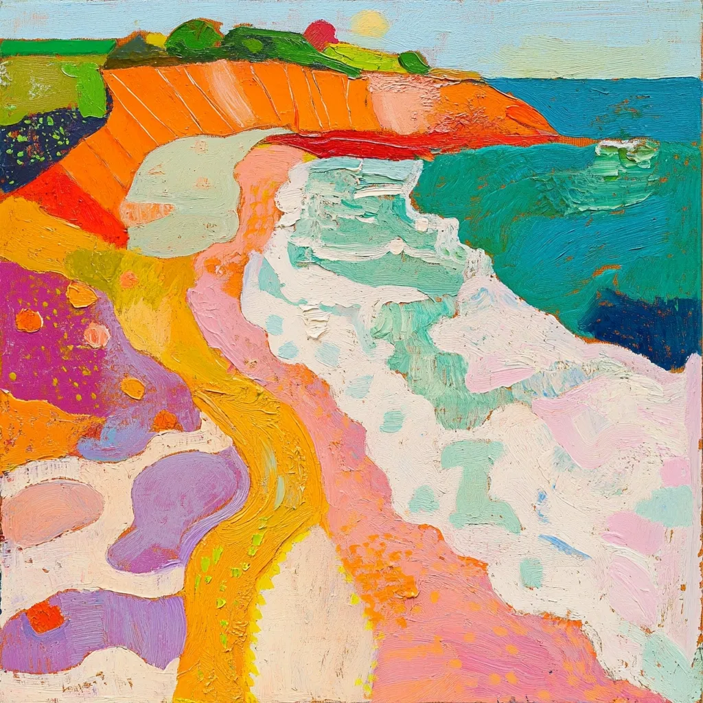 A vibrant, impasto-style painting depicts a coastal scene.  Bold strokes of orange, pink, purple, and teal create a stylized landscape of cliffs and ocean waves crashing onto a sandy beach.  The colors are highly saturated, and the texture is thick and visible. The artist uses a simplified, almost abstract approach to represent the natural forms. A small, distant sun adds a touch of warmth to the upper portion of the piece.