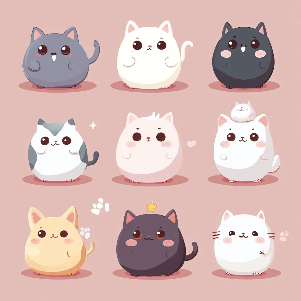 Nine adorable cartoon cats in various colors and poses are arranged in a grid.  They are round and chubby, with large eyes and simple features, exhibiting a cute and endearing style.  Some cats are sitting, others standing, and one even has a tiny kitten on its head.  The overall aesthetic is playful and lighthearted.