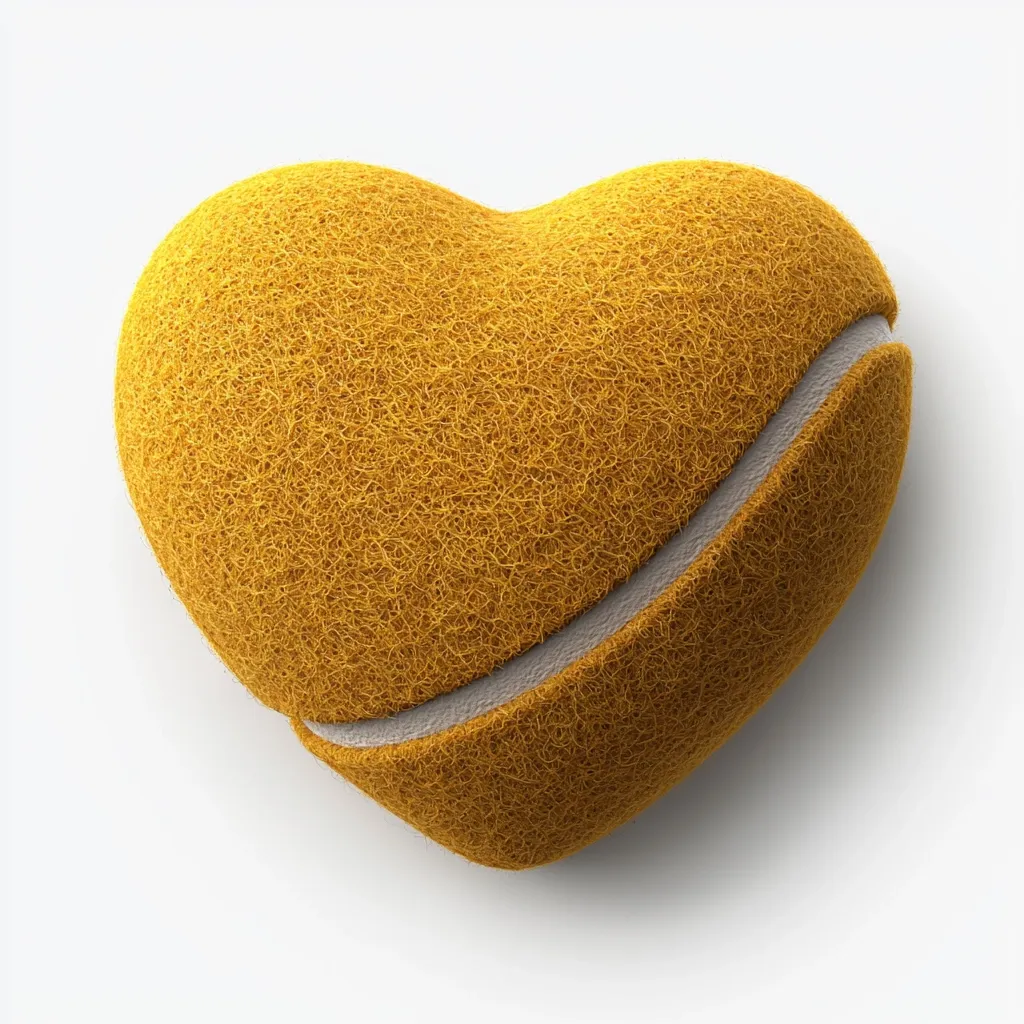 A heart-shaped object resembling a fuzzy, golden tennis ball is presented against a stark white backdrop.  The texture is visibly soft and slightly frayed, giving it a plush appearance.  A subtle seam, characteristic of a tennis ball, is visible, enhancing the playful design. The overall impression is one of warmth and affection.