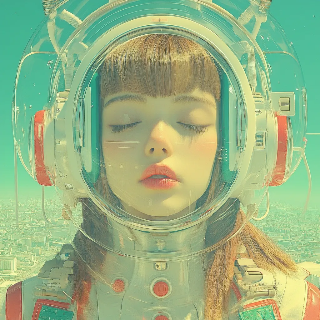 A serene digital painting depicts a young woman with her eyes closed, nestled within a futuristic, transparent astronaut helmet. Her long brown hair cascades around her shoulders.  The helmet's design is sleek and white with red accents, suggesting advanced technology.  A sprawling futuristic cityscape is visible in the background, bathed in a soft, pastel light, creating a dreamlike, tranquil atmosphere.