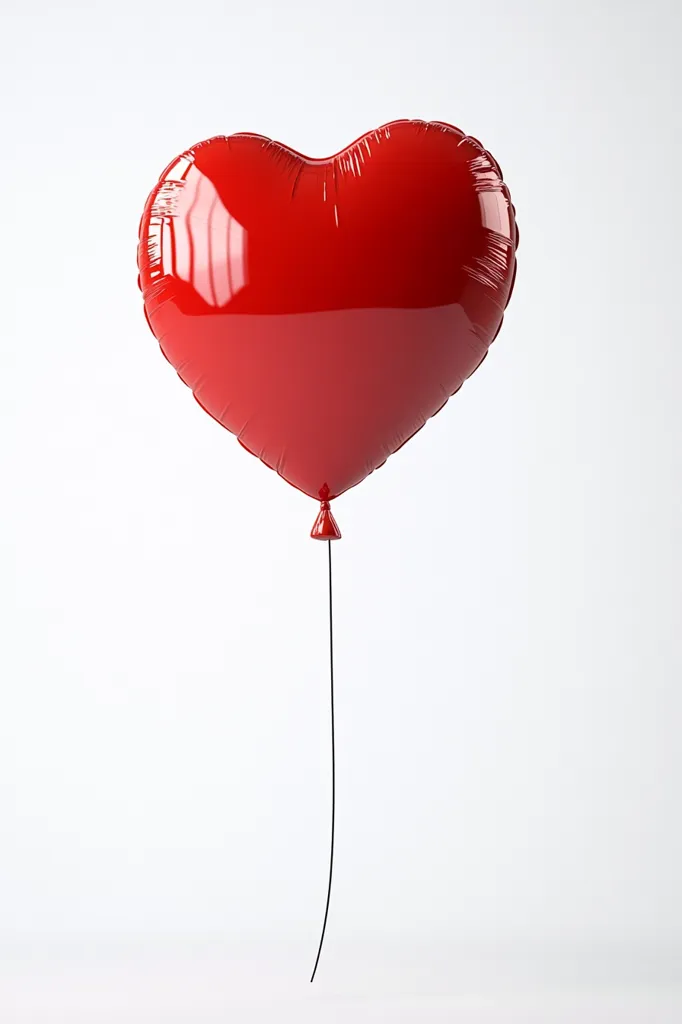 A single, shiny red heart-shaped balloon floats against a stark white background.  The balloon is inflated and perfectly formed, with a subtle sheen reflecting light. A thin, black string extends downward from the balloon's knot, anchoring it to an unseen point below. The image is simple yet evocative, symbolizing love and celebration.