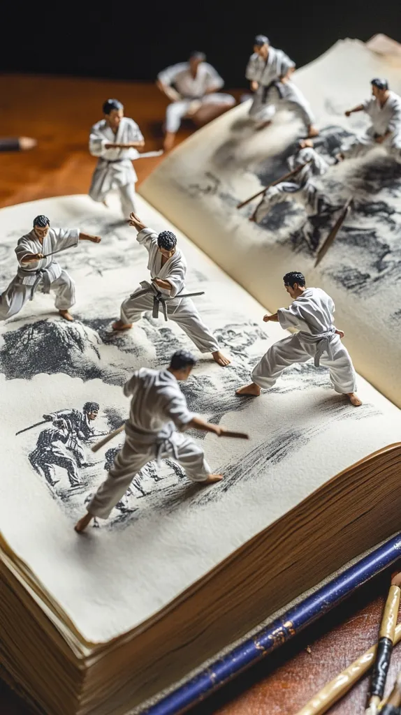 Miniature karate figures are arranged on the pages of an open book, depicting a dynamic martial arts scene.  The figures, in white karate gis, are posed in various fighting stances, mimicking the sketched combat illustrations on the aged book's pages.  The scene is dramatically lit, highlighting the contrast between the figurines and the antique book.  The overall image creates a sense of imaginative storytelling.