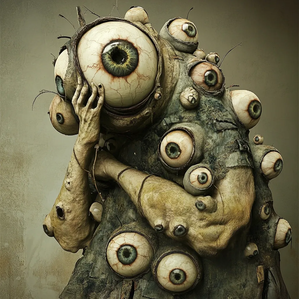 A grotesque creature, seemingly humanoid, is depicted.  Its body is covered in numerous large, bulging eyes, varying in size and slight variations in color. Its skin is textured, appearing aged and decaying, with a greenish-brown hue.  One arm is bent, with a hand resting against its own body, conveying a sense of weariness or despair. The overall impression is one of unsettling horror and strange beauty.