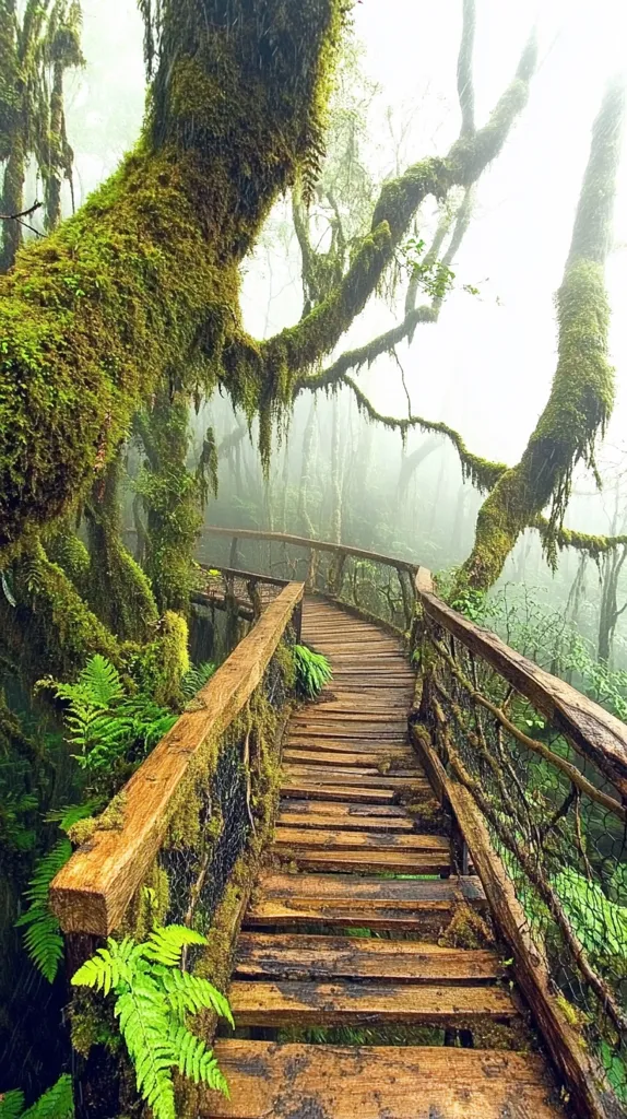 A wooden walkway curves through a misty, moss-covered forest.  Lush green ferns and vegetation line the path, which is constructed with weathered wooden planks and railings.  The trees are draped in thick moss, creating an ethereal and enchanted atmosphere.  Sunlight filters weakly through the dense canopy, illuminating the damp, green environment.  The scene evokes a sense of peace and mystery.