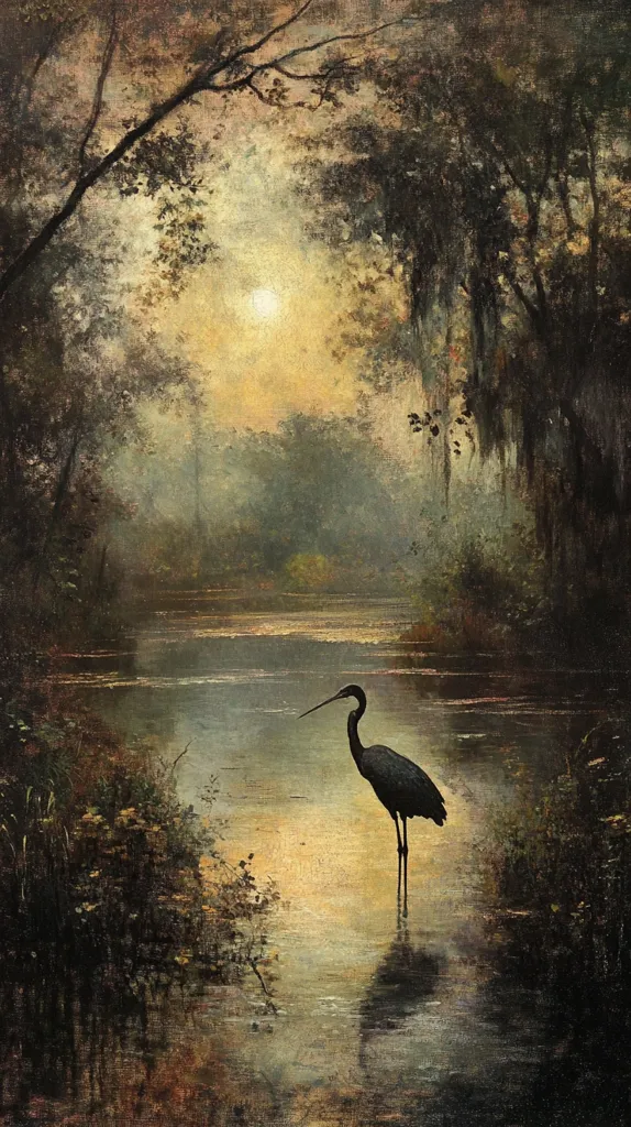 A serene landscape painting depicts a solitary heron standing in a calm, reflective river at sunset.  Overhanging trees frame the scene, their branches silhouetted against a soft, golden sky.  The water is still, mirroring the heron and the surrounding vegetation, creating a peaceful and atmospheric mood. The overall palette is muted earth tones, emphasizing the tranquility of the swampy environment.