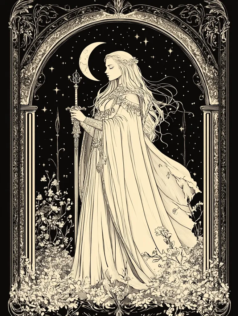 A monochromatic illustration depicts a serene woman in a flowing gown, holding a sword.  She stands within an ornate archway against a night sky speckled with stars and a crescent moon. Delicate flowers bloom at her feet, adding to the ethereal and mystical atmosphere. The style is reminiscent of Art Nouveau, with intricate detailing in both the woman's attire and the surrounding frame.  The overall mood is peaceful yet powerful, suggesting a queen or guardian.