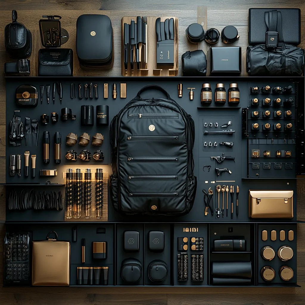 A meticulously organized flatlay showcases a black backpack surrounded by an array of luxury black and gold accessories.  The items include cosmetics, grooming tools, writing instruments, and tech gadgets, all neatly arranged in compartments. The overall aesthetic is one of high-end sophistication and meticulous attention to detail.  The dark wood background complements the rich color palette.