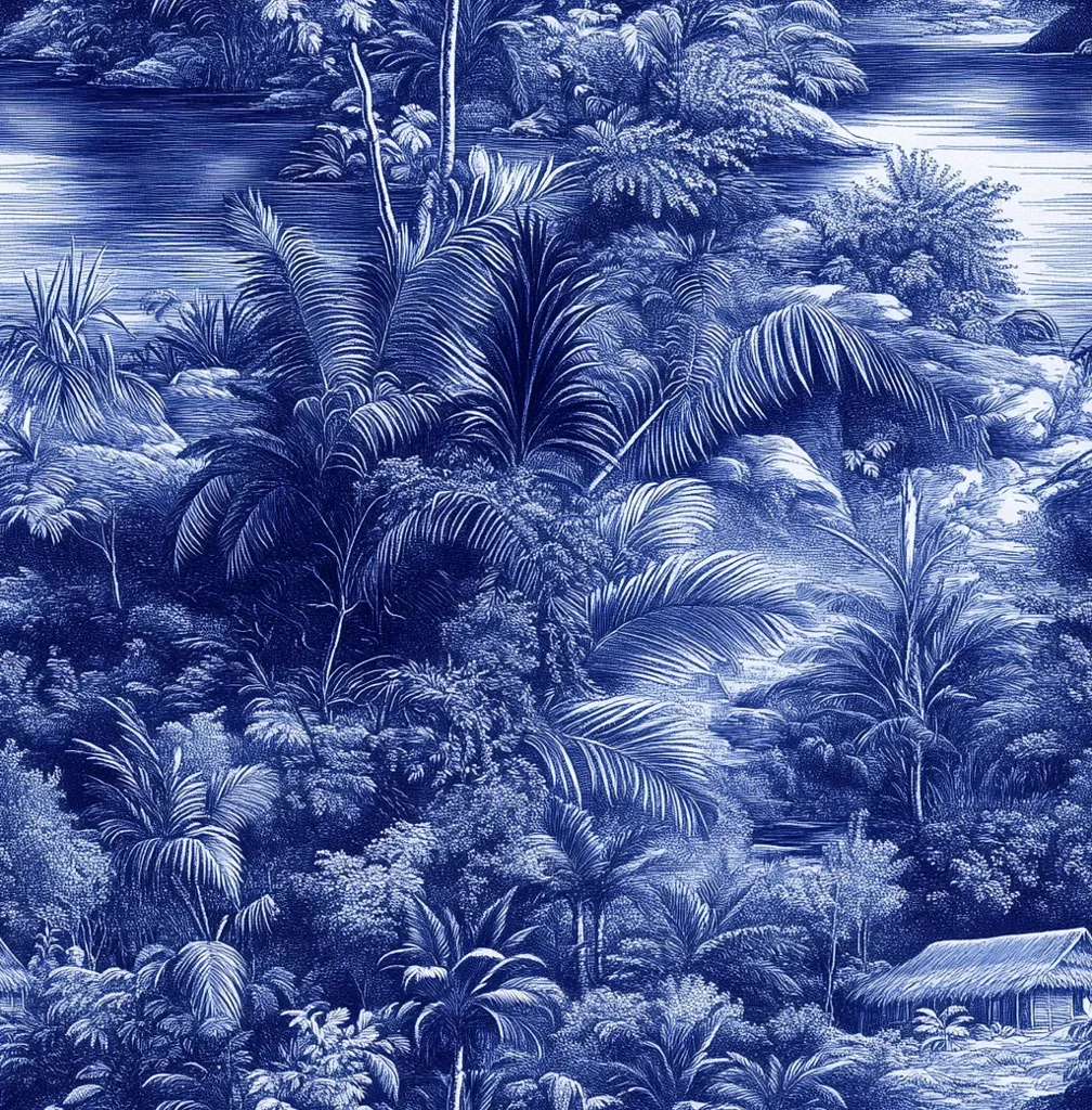 A lush, monochromatic blue illustration depicts a dense tropical landscape.  Palm trees and various foliage dominate the scene, clustered around a calm waterway.  A small, simple hut is nestled in the lower right corner, adding a touch of human presence to the otherwise wild setting. The detailed, almost etched style creates a sense of depth and texture within the vibrant blue tones.