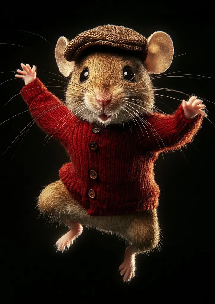 A cute, anthropomorphic mouse leaps joyfully against a black backdrop.  It's dressed in a charming red knitted cardigan and a brown newsboy cap.  The mouse's expressive face and outstretched paws convey a sense of playful energy and delight.  The image is sharply focused, highlighting the fine details of the mouse's fur and clothing.