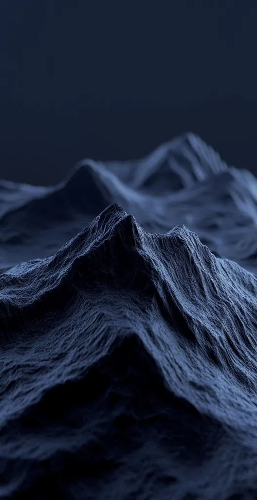 A close-up shot reveals a dark, textured landscape resembling a mountain range submerged in shadow.  The peaks and valleys are intricately detailed, with a rough, almost fabric-like surface. The deep blue hues create a moody and mysterious atmosphere.  The image's focus is on a central peak, drawing the eye through the undulating contours.