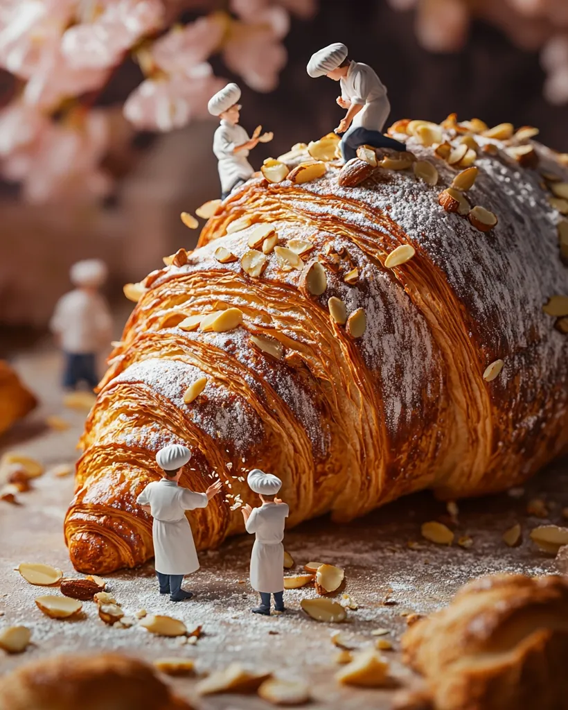 Miniature bakers in chef hats decorate a giant almond croissant.  They carefully add sliced almonds to the powdered sugar-dusted pastry.  Other miniature figures are visible in the background, possibly assisting. The scene is set against a blurred background suggesting a bakery or spring setting. The croissant's flaky layers and rich color are prominently displayed.