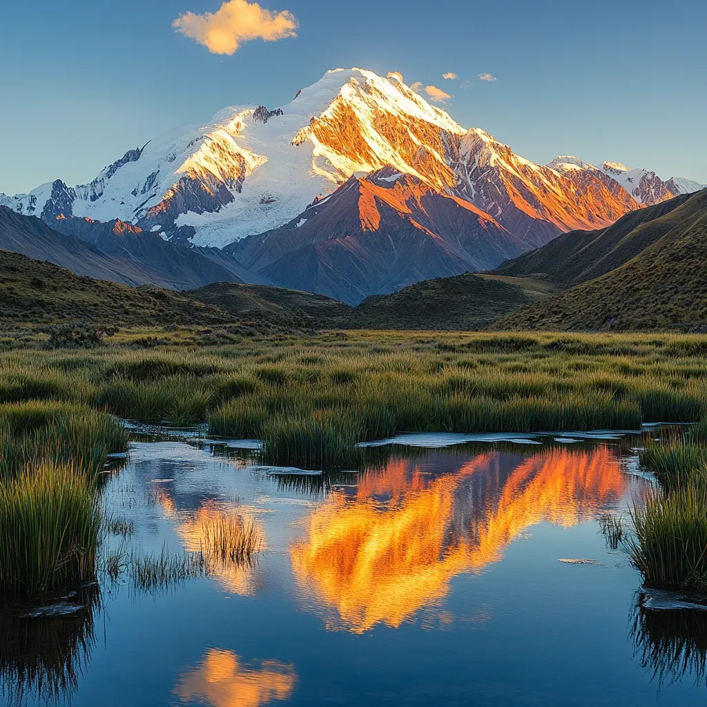 A majestic snow-capped mountain, bathed in the warm hues of sunset, dominates the landscape.  Its reflection is perfectly mirrored in a tranquil, still body of water surrounded by tall grasses.  The scene is serene and peaceful, showcasing the beauty of nature at its finest.  The clear blue sky adds to the overall stunning panorama.