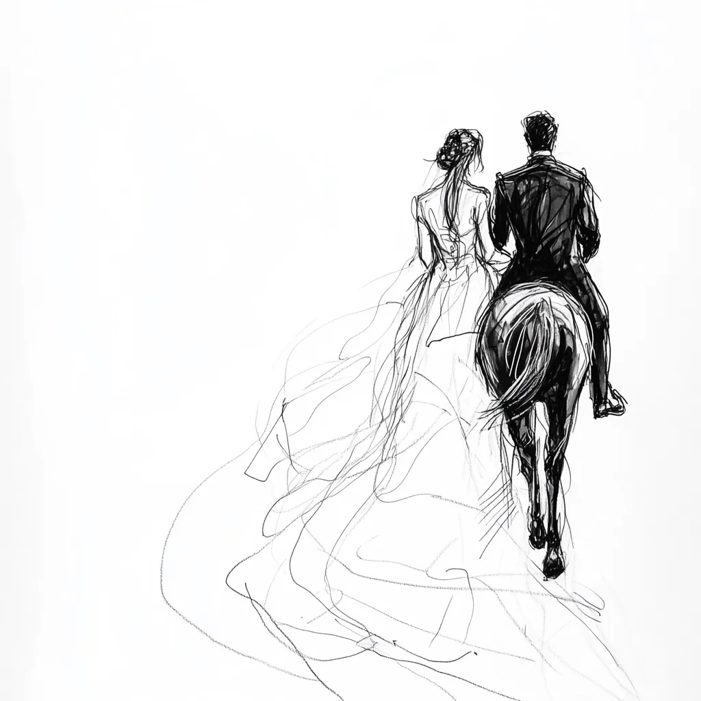 A black and white sketch depicts a bride and groom riding away on a horse.  The bride's dress flows dramatically behind them, creating a sense of movement.  The style is loose and expressive, with the focus on capturing the emotion of the moment rather than precise detail. The image is minimalist and romantic.