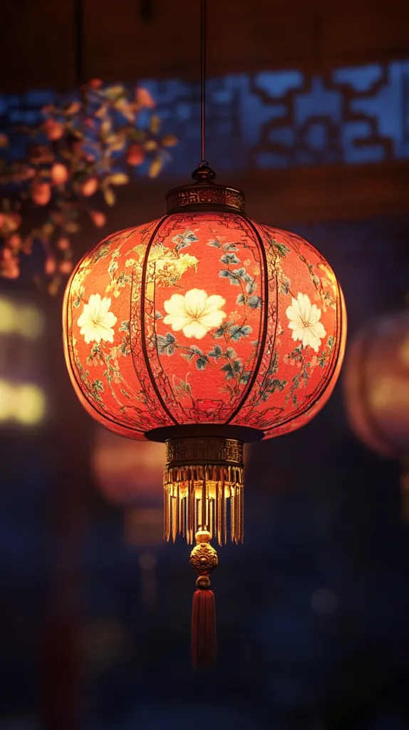 A vibrant red Chinese lantern hangs delicately, adorned with intricate floral patterns.  Its warm glow illuminates the surrounding darkness, casting a soft light.  The lantern features a golden metal frame and a rich red tassel, enhancing its traditional aesthetic.  Other blurred lanterns in the background suggest a festive atmosphere. The scene evokes a sense of serenity and cultural richness.